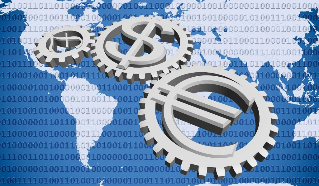 world map image with 3 gears overlaid. Each gear has a different monetary symbol, one for UK currency pound sterling, another for US currency $, and the 3rd with the Euro symbol.