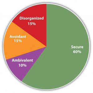 This image shows a pie chart divided into four sections. The largest section is green and is labelled secure 60%. The next two largest sections each make up 15%. One is red and labelled disorganized and the other is yellow and labelled avoidant. The smallest section is purple and it is labelled ambivalent 10%.