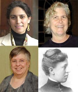 This image is broken into 4 quadrants. The top left quadrant contains a photo of Mahzarin Banaji. The top right quadrant contains a photo of Marilynn Brewer. The lower left quadrant is a photo of Linda Bartoshuk. All three of these women have recently been president of the Association for Psychological Science. The lower right quadrant contains a photo of Mary Whiton Calkins, who was the first female president for the Association for Psychological Science and who made significant contributions to the study of memory and self-concept.