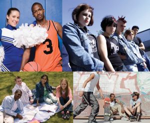 This image is split-up into four separate quadrants. In the top left quadrant there is a Caucasian, teenage girl dressed in a cheerleader uniform standing next to an African American male holding a basketball and dressed in a uniform. In the top right quadrant there is an image of five teenagers; three female and two male, leaning against a wall. Their style of dress would be considered “punk rock.” In the bottom left quadrant there is an image of four teenagers sitting outside on a blanket with books. There are two males and two females. It appears they are studying together. In the bottom right quadrant is an image of three teenagers outside near wall covered in graffiti. One of the teenagers is about to hop onto a skateboard, and another teenager is wearing rollerblades.