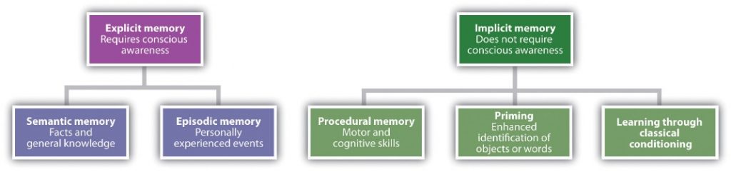 This image shows a flow chart of explicit and implicit memories. On the left there is a purple box that reads “Explicit memory: Requires conscious awareness.” There is a line extending from the bottom that branches out into two, separate boxes that are a darker shade of purple. The box on the left reads “Semantic memory: Facts and general knowledge.” The box on the right reads “Episodic memory: Personally experienced events.” To the right of this tree there is a second tree with four separate boxes. The top box is green and reads “Implicit memory: Does not require conscious awareness.” There is a flowline extending from the bottom of this box that branches out into three, separate green boxes. The box on the left reads “Procedural memory: Motor and cognitive skills.” The box in the middle reads “Priming: Enhanced identification of objects or words.” The box on the right reads “Learning through classical conditioning