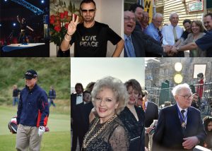 In the top left corner of this image there is a picture of Mick Jagger dancing on stage. In the top center there is a photo of Ringo Starr giving the peace sign to the camera. The image in the top right corner shows Senator Lautenberg and Representative Pascrell surrounded by several other people, each with their hands coming together in the middle. The bottom left image shows Tom Watson walking on the golf course. The bottom center image is a picture of Betty White. The bottom right image is a photo of Warren Buffet walking through a crowd.