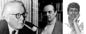 This image contains photos of three different cognitive psychologists. From left to right is Jean Piaget, pictured smoking a pipe; George Miller, pictured sitting in front of a bookshelf; and Eleanor Rosch, pictured with her head resting in her left hand.