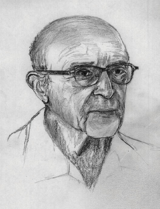 Carl Rogers was among the founders of the humanistic approach to therapy and developed the fundamentals of person-centered therapy. This is a charcoal sketch of Carl Rogers from the chest up. He is looking to the right of the drawer and he is wearing glasses and a collared shirt.