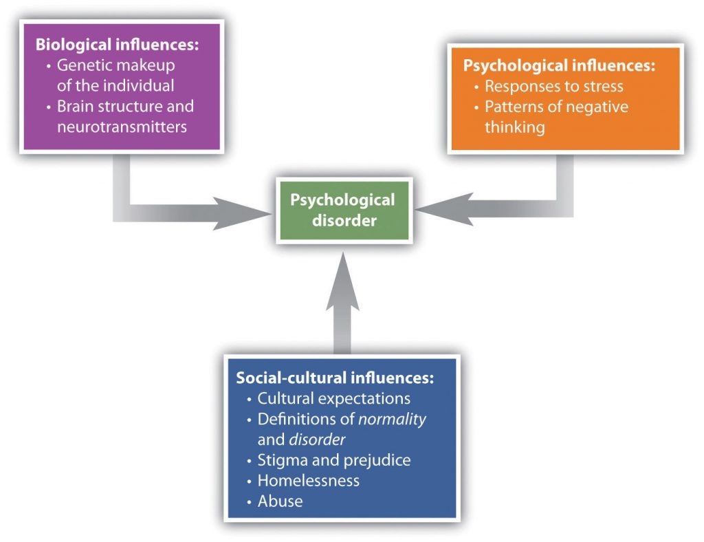The bio-psycho-social model of disorder proposes that disorders are caused by biological, psychological, and social-cultural factors. This image shows each type of influence and how it relates to the development of a psychological disorder. There is a purple rectangle in the top left corner that reads “Biological influences: Genetic makeup of the individual; Brain structure and neurotransmitters.” There is a gray arrow extending from the bottom of this box pointing downwards towards the center box, which is green and reads “Psychological Disorder.” There is an orange rectangle in the top right corner that reads “Psychological Influences: Responses to stress; Patterns of negative thinking.” There is a gray arrow extending from the bottom of this box pointing downwards towards the center box labeled “Psychological Disorder.” At the bottom of the image there is a blue rectangle that reads “Social-cultural Influences: Cultural expectations; Definitions of normality and disorder; Stigma and prejudice; Homelessness; Abuse.” There is a gray arrow extending from the top of the box pointing towards the center box labeled “Psychological Disorders
