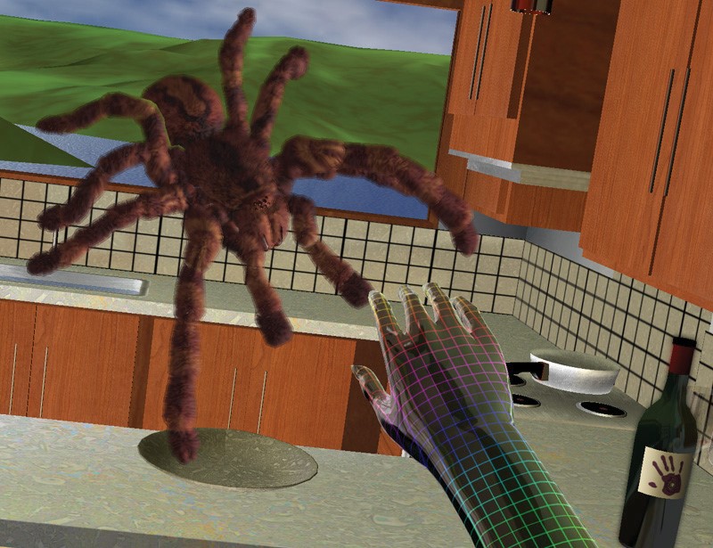 Trained clinicians use computer-generated, three-dimensional, lifelike images of spiders instead of the real thing in systematic desensitization programs to help combat client fears. Specially designed computer equipment with a head-mount display is used to create a simulated environment. This image shows a three-dimensional arm outstretched reaching for a computer-generated, lifelike image of a tarantula. The background of the image is computer generated kitchen scene.
