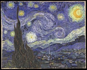 Based on his intense bursts of artistic productivity (in one 2-month period in 1889 he produced 60 paintings), personal writings, and behavior (including cutting off his own ear), it is commonly thought that van Gogh suffered from bipolar disorder. He committed suicide at age 37 (Thomas & Bracken, 2001). This image shows the painting, The Starry Night by Vincent van Gogh. The painting shows a brown tower-like structure to the left, with a village of houses and a church to the right. The sky is painted in various shades of blue, with yellow and orange circles representing the stars in the sky.
