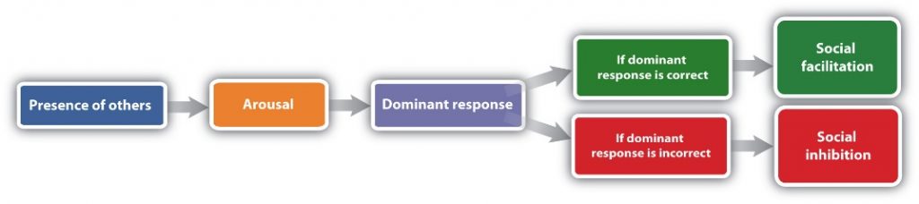 This image shows a flow chart of the Drive-Arousal Model of Social Facilitation. To the far left there is a blue rectangle labeled “Presence of others.” There is an arrow extending from the right side pointing towards an orange rectangle labeled “Arousal.” This box has an arrow extending from the right side pointing towards a purple rectangle labeled “Dominant response.” There are two arrows extending from the right side of this box: one faces up towards a green box labeled “If dominate response is correct,” and the other pointing downwards towards a red box labeled “If dominant response is incorrect.” There is an arrow extending from the right side of the green box on the top pointing to a second green box labeled “Social facilitation.” There is an arrow extending from the right side of the red box on the bottom pointing towards a second red box labeled “Social inhibition.”
