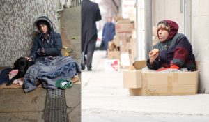 This image shows two separate photos. The image on the left shows a young teen sitting outside on the concrete ground atop a cardboard box and blanket, wrapped in a blanket and wearing a winter coat. The person is wearing the hood and resting their right hand on a black dog lying beside them on the ground. The image on the right shows an adult male sitting inside of a cardboard box on a sidewalk. He is wearing a thick winter coat and a winter hat. He is also wearing his hood. He is eating a muffin