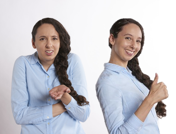 An image of one woman giving two different examples of emotions. On one side of the image, she looks confused or upset. On the other side, she is giving a thumbs up with a big smile on her face.