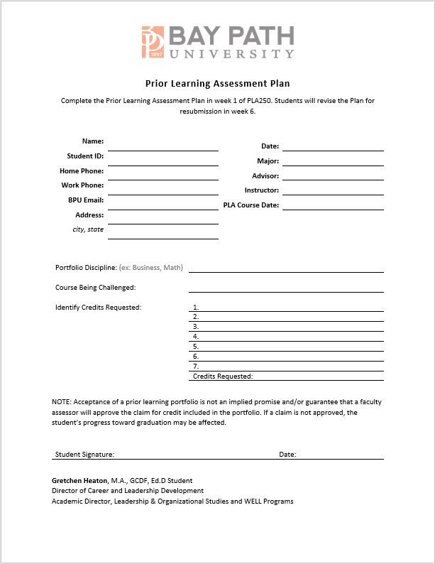 This is an image of the document, Prior Learning Assessment Pla. This document can be found in the PLA250 canvas course.