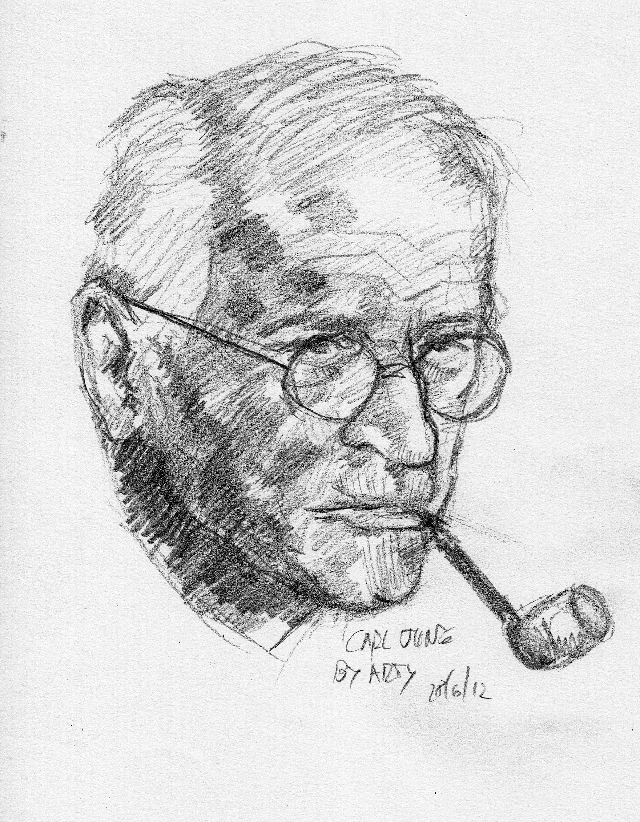 This is a black and white sketch of Carl Jung. Only Jung's face is pictured in the drawing. He is wearing eye glasses and has a tobacco pipe in his mouth.