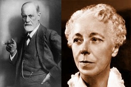 This image shows two separate photos side-by-side. The photo on the left is a black and white image of Sigmund Freud. He is holding a cigar in his right hand and he has his left hand resting on his hip as he poses for the camera. The photo on the right is a color photo of Karen Horney. The photo shows only her head and neck, and she is looking to the right of the camera.