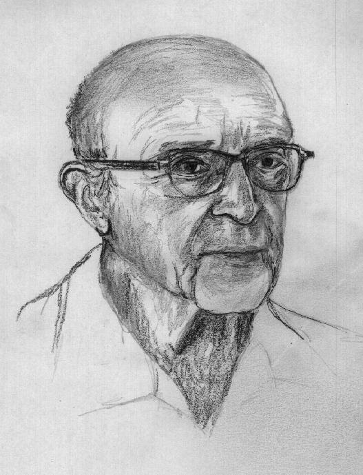 This is a black and white sketch of Carl Rogers.