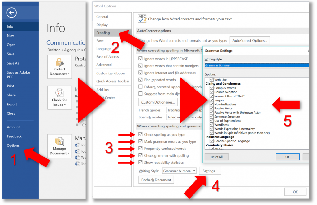 Screenshot showing how to change Spelling and Grammar settings in Microsoft WordFigure 5.1.4.8: Setting up your MS Word Grammar, Style, and Spellchecker