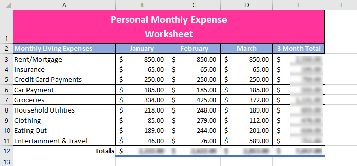 Spreadsheet titled Personal Monthly Expense Worksheet. Item accounted in 5 columns are expenses, January, February, March, and 3-month total. There are 9 rows of expenses, and a final row totalling the columns.