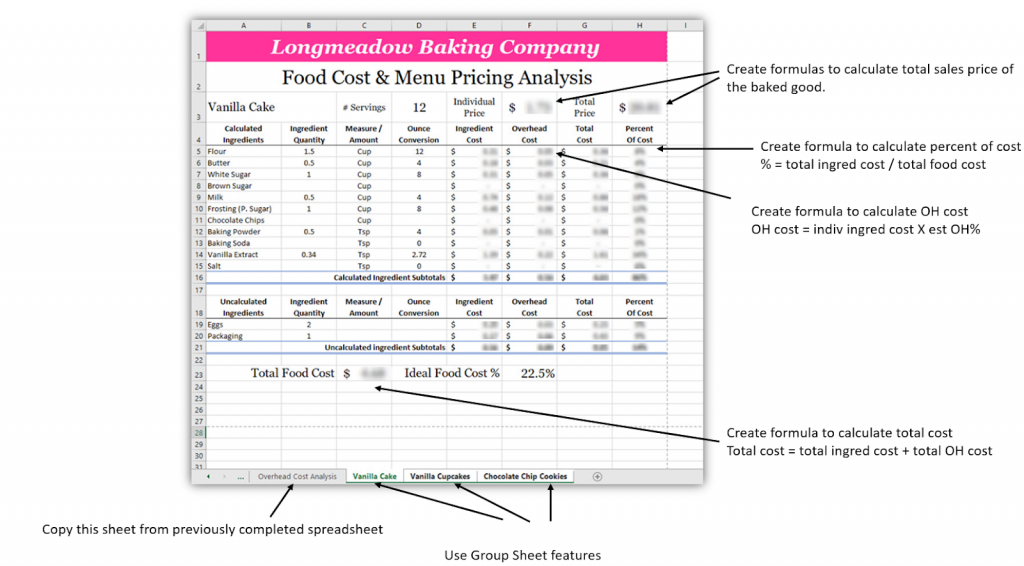 The image shows the completed exercise pointing out locations on the spreadsheet where formulas need to be created