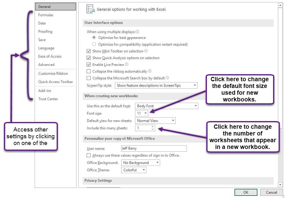 Figure 1.11 Excel Options Window