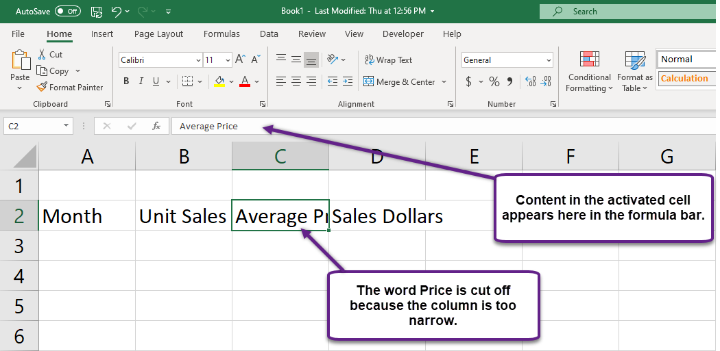 Figure 1.16 Entering Column Headings into a Worksheet