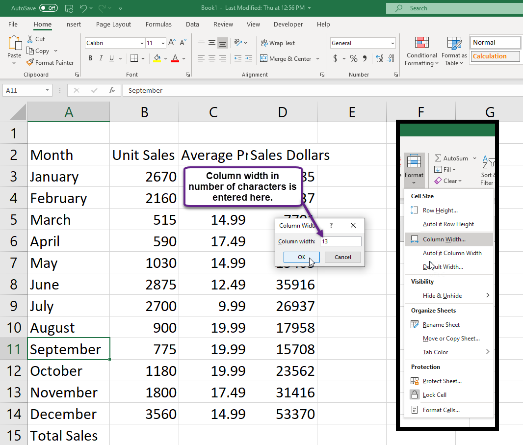 Figure 1.25 Column Width Dialog Box