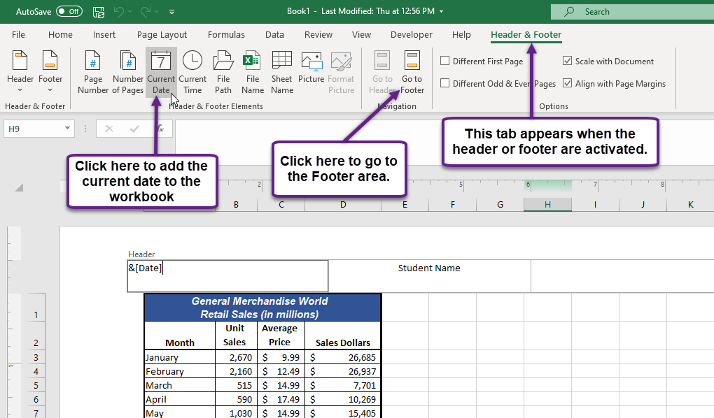 Figure 1.48 Design Tab for Creating Headers and Footers