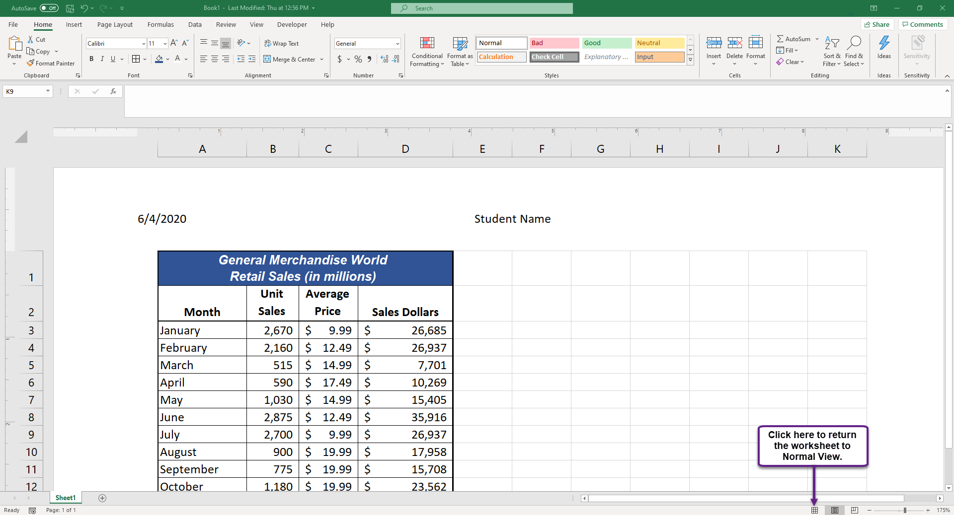 Figure 1.49 Worksheet in Page Layout View