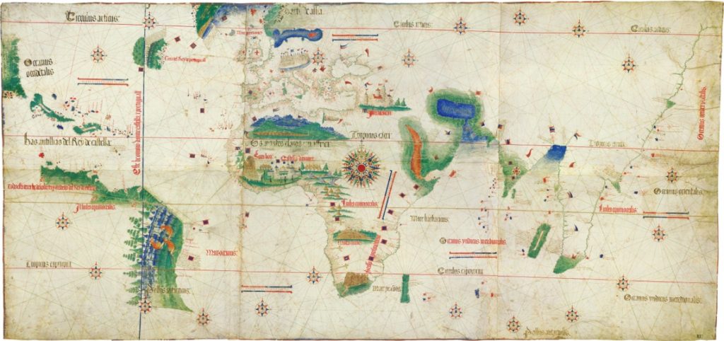 This Portuguese map from 1502 demonstrates the world as it was known to Europeans after the first decade of European voyages to the Americas. It clearly depicts the coastlines of the Americas, Africa and India, but also highlights the limits of European geographical knowledge of the Americas beyond the eastern seaboard.