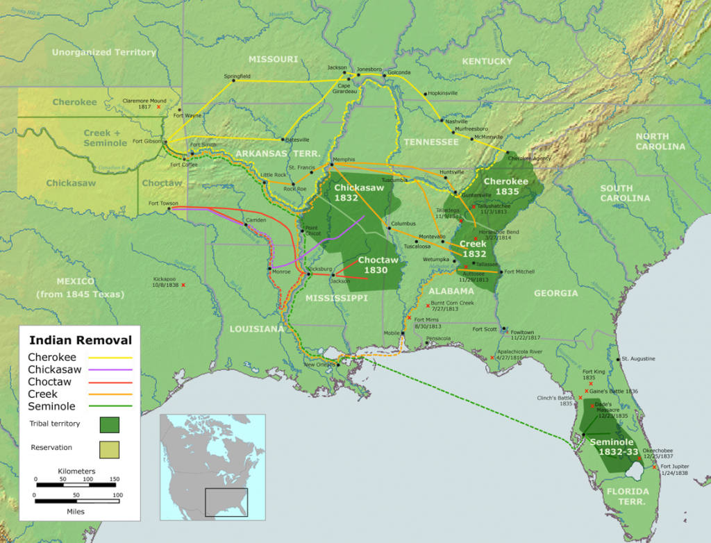 This map highlights the government’s policy of Indian Removal between 1830 and 1835. Oklahoma is highlighted in light-green, and is the territory where Native-Americans were forcibly relocated.