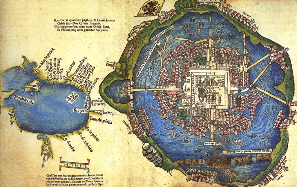 A sixteenth-century map of Tenochtitlan depicting the city, which was built on an island in Lake Texcoco. Similar in many respects to Venice, Italy, the map reveals a complex system of interlocking canals, roads and buildings in this great Mesoamerican city. Map, c. 1524.