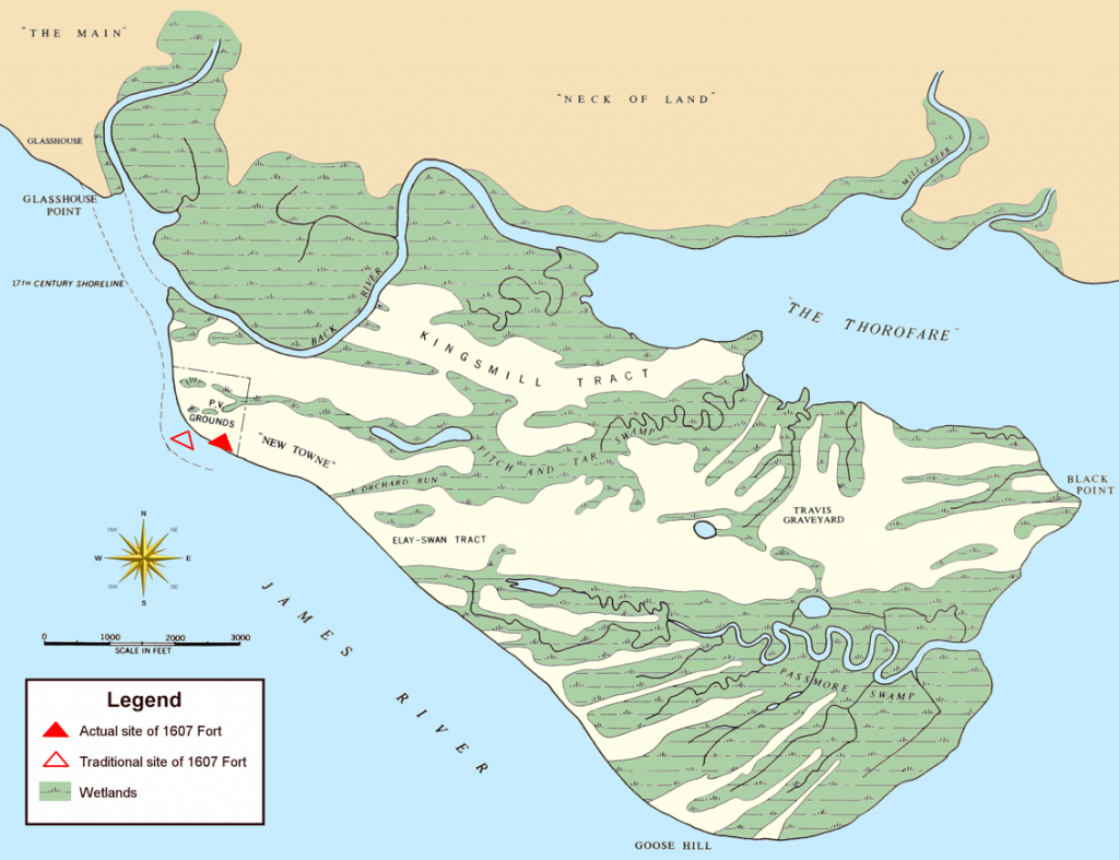 This map of Jamestown Island depicts the recently discovered site of the original 1607 Jamestown settlement, which was several miles away from where Americans have historically inaccurately believed where Jamestown was located.