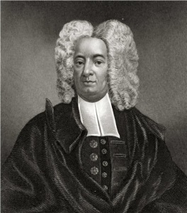 A portrait of Cotton Mather, a prominent Puritan minister in colonial New England.  He is formally dressed and wearing a wig.