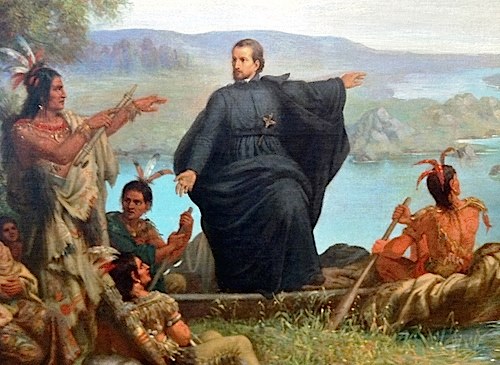 Wilhelm Lamprecht’s painting of the legendary 1675 meeting between Native Americans and the French Jesuit missionary James Marquette in the western Great Lakes region. The painting is representative of the Jesuit and French’s “middle ground” interactions with Native Americans.