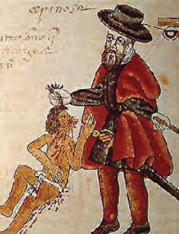 In this startling image from the Kingsborough Codex (a book written and drawn by native Mesoamericans), a well-dressed Spaniard is shown pulling the hair of a bleeding, severely injured native. The drawing was part of a complaint about Spanish abuses of their encomiendas.