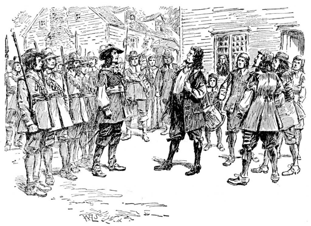 This engraving from the 19th century American history textbook “A school history of the United States” depicts the dramatic stand-off between Governor William Berkeley and Nathaniel Bacon in the midst of Bacon’s Rebellion. In the scene, Berkely is exposing his chest to Bacon and his men, daring them to assassinate him and overthrow the government of Virginia in public.