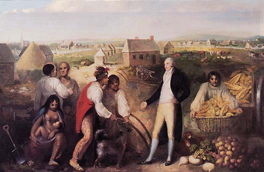 This 1805 painting depicts an American plantation owner, Benjamin Hawkins, instructing Muscogee Creeks European and American style agricultural techniques. In the background is Hawkins’ plantation.