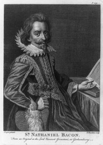 A portrait of Nathaniel Bacon. The image is in black and white. Bacon is wearing very formal attire.