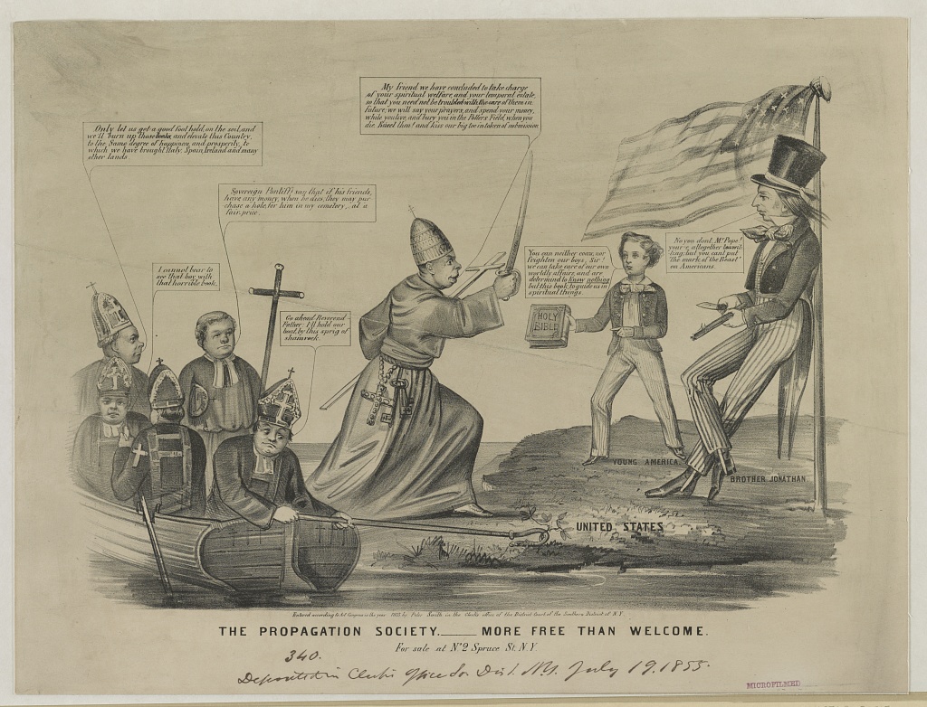 This is an anti-Catholic political cartoon published in the United States in 1855. The political cartoon shows a hostile Pope and Bishops invading the United States.