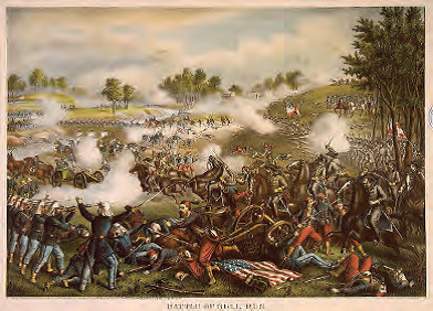 A painting depicting the First Battle of Bull Run. Union and Confederate soldiers fire upon each other.