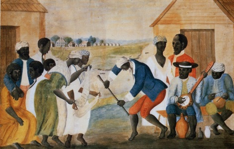 A depiction of a religious celebration among slaves on a South Carolina plantation. Enslaved African Americans are shown playing instruments and dancing. The painting is in color.
