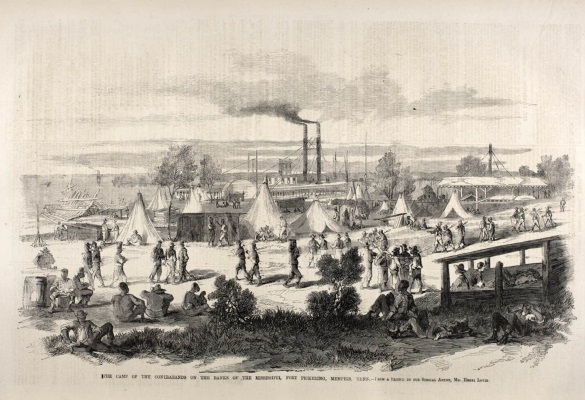 A sketch of a Contraband Camp in Richmond, Virginia in 1865. There are escaped slaves and tents in this black and white drawing.