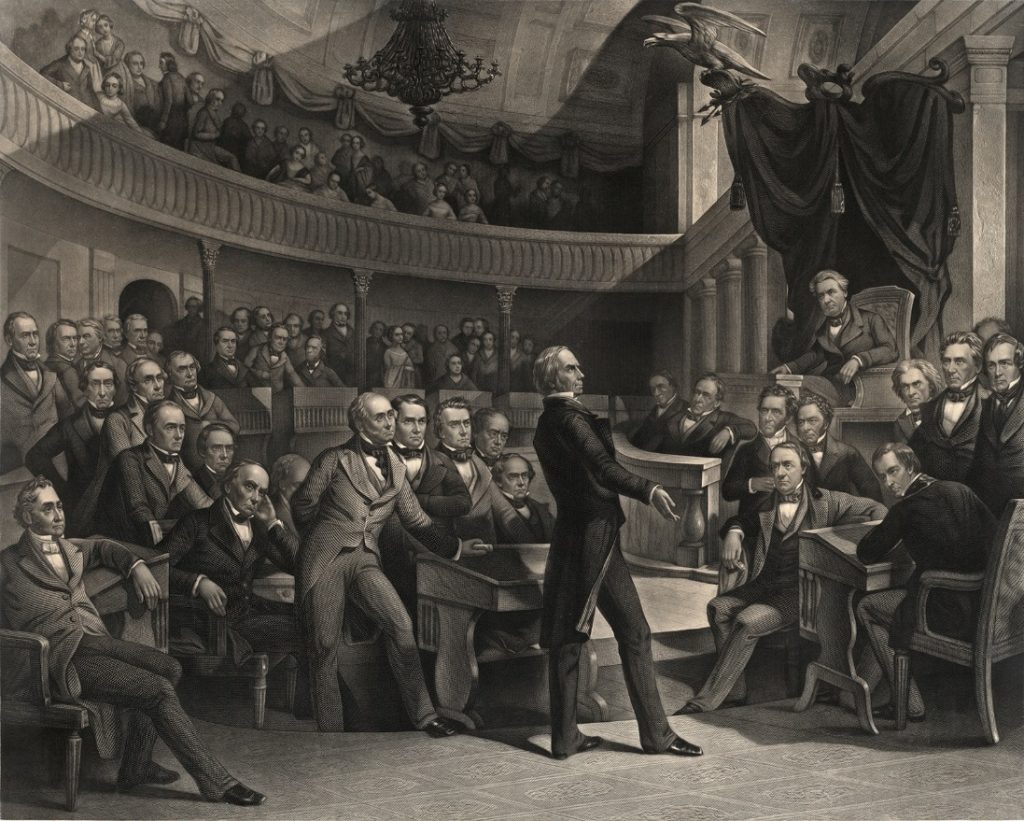 A sketch depicting Henry Clay speaking before the U.S. Senate during the debates that led to the Compromise of 1850.