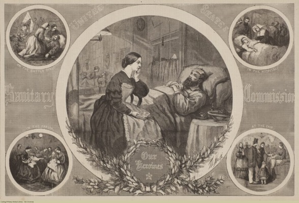 An advertisement celebrating the work of female nurses and members of the Sanitary Commission. The image shows women tending to wounded Union soldiers.