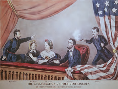 A painting depicting the assassination of President Lincoln in Ford’s Theatre. John Wilkes Booth is shown firing a pistol at the back of Lincoln’s head. The image is in color.