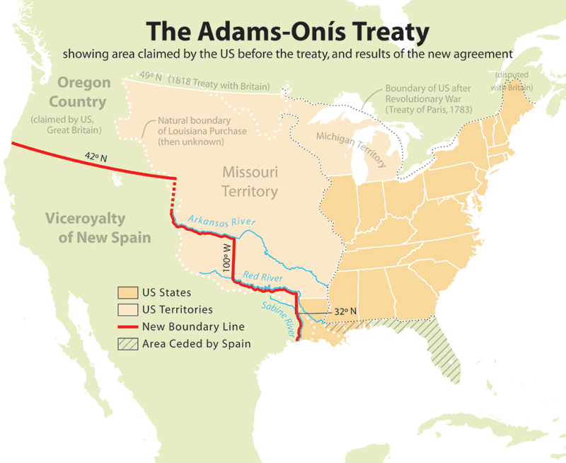 This map of the United States illustrates the repercussions of the Adams-Onís Treaty, an 1819 treaty between the United States and Spain which ceded Florida to the United States and redefined America’s border with Spanish territory west of Louisiana.
