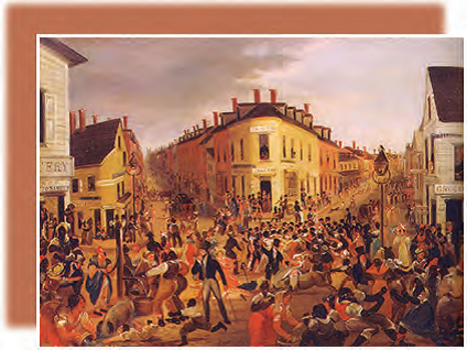 A depiction of a crowded urban neighborhood – Five Points in New York City. Hundreds of people fill the streets in a squalid neighborhood.