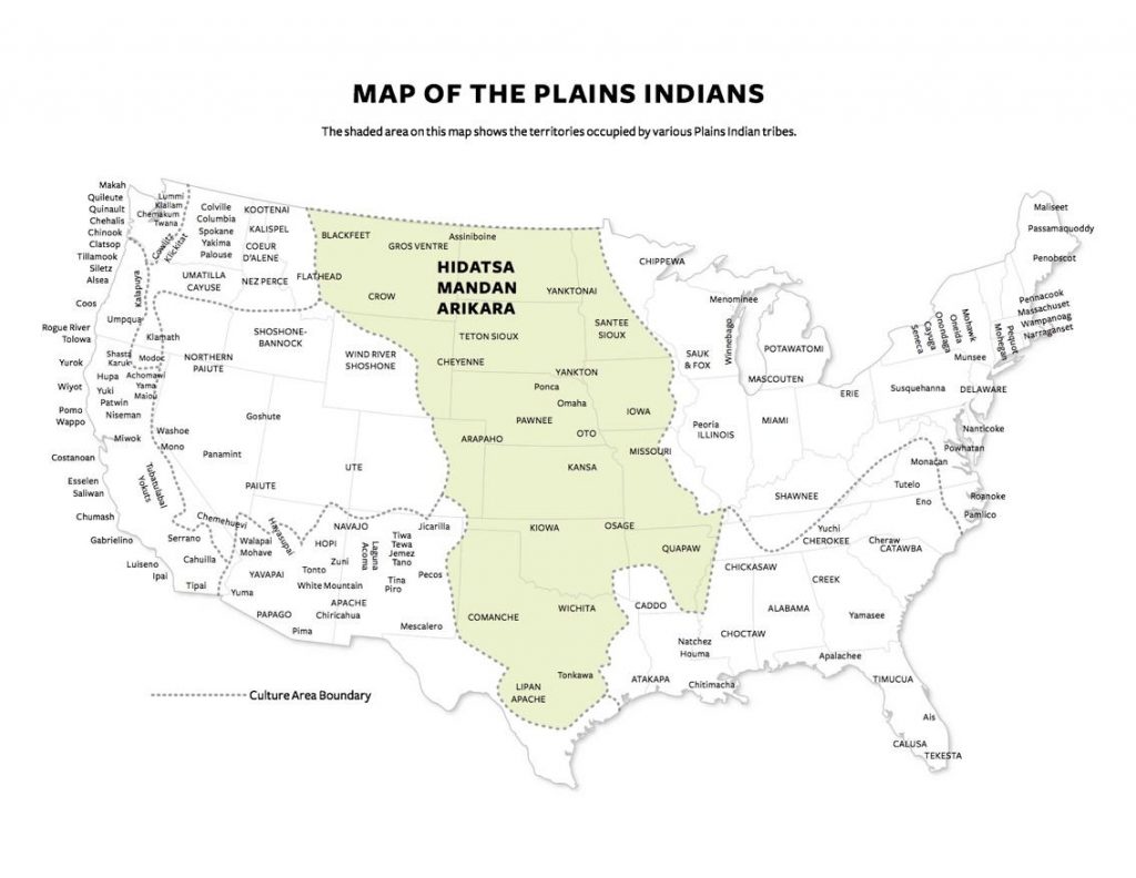 This map highlights all the distinct Native American nations living west of the Mississippi River in the 19th century. The territory of the Plains Indians is highlighted.