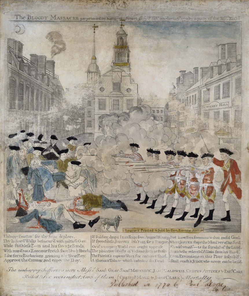 This is an image depicting the Boston Massacre made by Paul revere. In the image a group of seven British soldiers wearing Redcoats fire into a crowd of colonists. A British officers directs the soldiers to open fire. Colonists are depicted in civilian clothing. Colonists are bleeding on the ground from gunshot wounds.