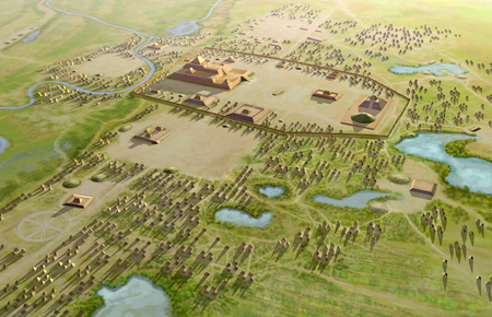 An artist’s representation of Cahokia, part of the Mississippian culture that thrived near present day St. Louis. The image shows a landscape of small lakes and green fields. Small structures are dotted over the fields and a central cleared area has larger pyramid shaped mounds in the center of the small structures.