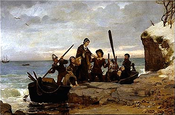 This late 19th century painting by the artist Henry A. Bacon depicts the Pilgrims landing at Plymouth in 1620.