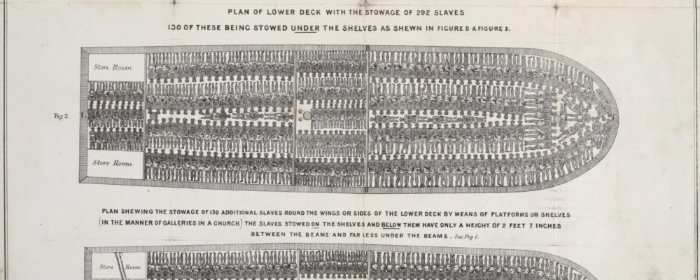 A diagram of a slave ship. It depicts African slaves chained below decks in extremely overcrowded conditions.